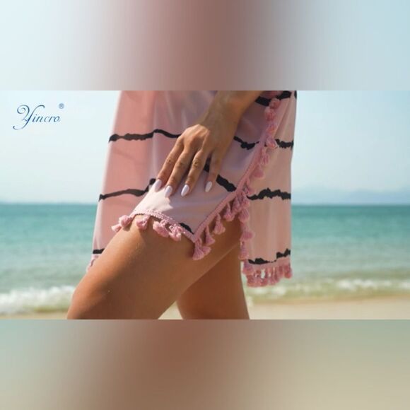 Yincro coral/black striped Chiffon Tassel Swimsuit Cover Up Beach - Picture 5 of 8